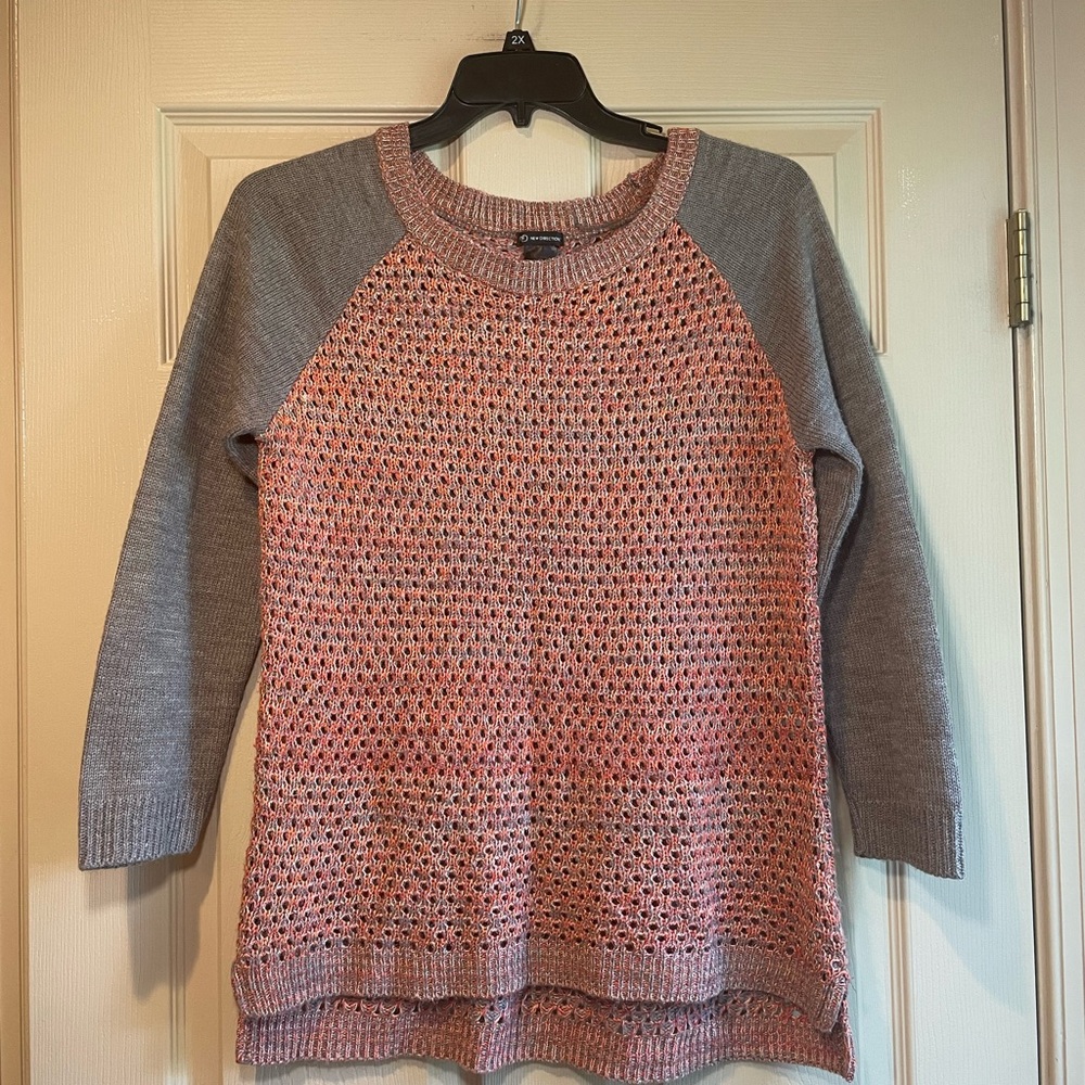 New Directions Orange and Gray Crew Neck “Eyelet”‎ Lightweight Sweater, Size XL